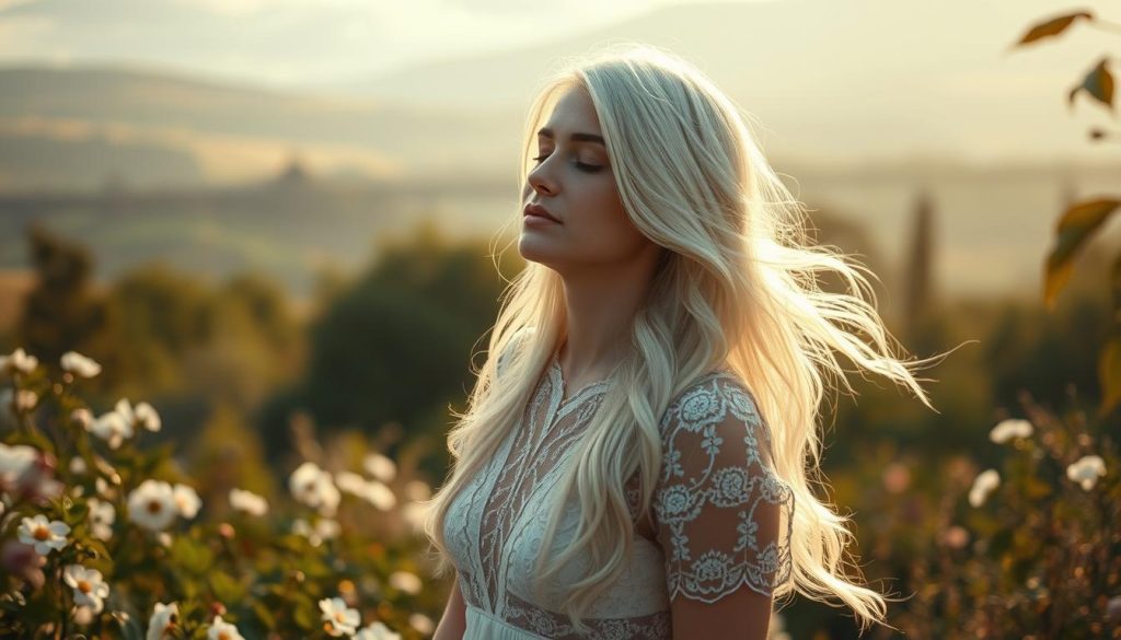 A serene, ethereal woman with flowing white hair and a delicate lace dress stands in a tranquil garden, surrounded by blooming flowers and sunlit greenery. Soft, diffused lighting casts a warm glow, creating an atmosphere of emotional well-being and inner harmony. The woman's expression is one of calm contemplation, her eyes closed as she connects with the healing energy of the natural world. In the background, a hazy, dreamlike landscape suggests a sense of grounded, metaphysical tranquility. The overall scene evokes a profound sense of balance, peace, and the restorative power of nature.