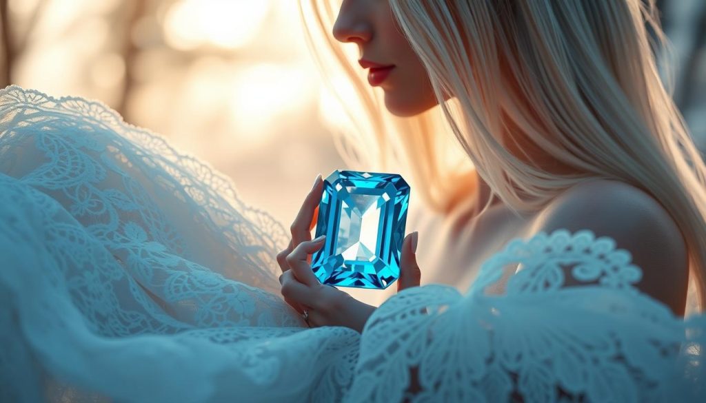 A sparkling blue topaz gem, its facets catching the soft winter light, nestled among delicate lace textures. The crystal-clear stone is the central focus, accentuated by the graceful silhouette of a slender woman in a flowing dress, her long white hair framing her serene expression. The composition evokes a sense of tranquility and elegance, perfect for illustrating the December birthstones - a winter wonderland of blue hues and natural beauty.