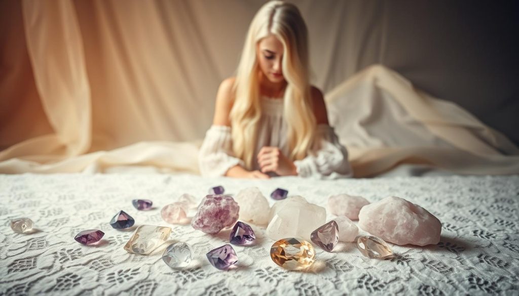 A tranquil still life showcasing a collection of healing energy gemstones on a soft, white lace background. Amethyst, rose quartz, and clear quartz crystals gently scattered, emitting a serene, ethereal glow under warm, diffused lighting. A slender woman with long, flowing white hair wearing a delicate lace dress stands in the background, gazing thoughtfully at the gemstones, their radiant energy imbuing her with a sense of balance and inner peace. The arrangement conveys the calming, restorative powers of birthstones associated with the innovative, visionary Aquarius zodiac sign.