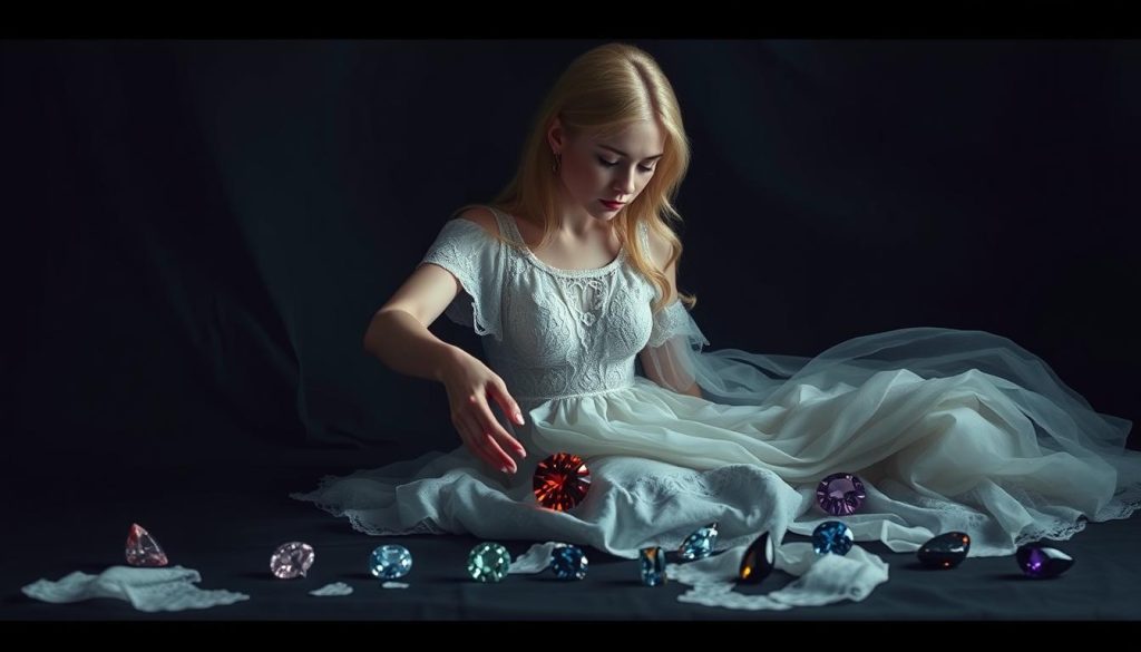 A whimsical still life arrangement showcasing the rarest and most precious birthstones, each delicately positioned on a dark, moody backdrop. A slender, pale-haired woman wearing a flowing lace gown gracefully arranges the gems - January's garnet, February's amethyst, March's aquamarine, and so on, each gem glistening under dramatic lighting. The composition is balanced and symmetrical, highlighting the beauty and uniqueness of these hidden gems. The overall atmosphere is one of elegance, mystery, and reverence for the natural world.