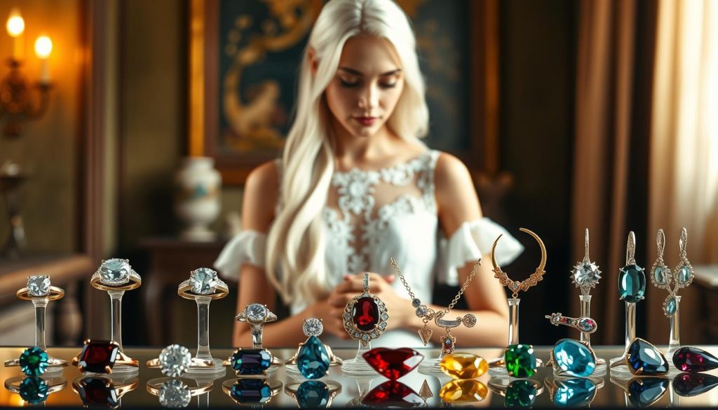 Elegant birthstone jewelry display, captured in a soft, natural light. A slender woman, her long white hair cascading, stands wearing a delicate lace dress, gazing intently at the assortment of gemstone rings, necklaces, and earrings before her. The foreground features the sparkling jewelry, each piece showcasing a different birthstone. The middle ground depicts the woman, her expression serene and contemplative. The background is a subtly blurred, warm-toned setting, evoking a sense of timeless sophistication. The overall composition and lighting create a visually captivating and aspirational scene, perfect for illustrating the "How to Choose the Right Birthstone Jewelry Today" section.