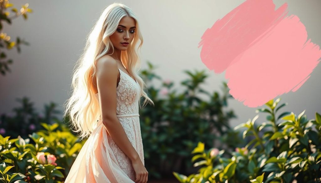 Elegant woman in a flowing lace dress, standing amidst a serene garden. Soft pink and blue hues permeate the scene, accented by verdant green foliage. Diffused natural lighting casts a warm, dreamlike glow, while the woman's long white hair cascades gracefully. In the background, abstract shapes and brushstrokes in complementary tones create a captivating visual narrative, symbolizing the color meanings and style evoked by the Taurus birthstone.