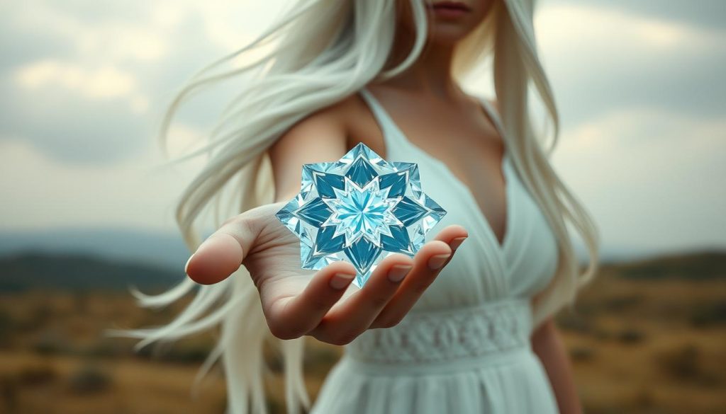 Intricate gemstone in the hand of a slender woman with flowing white hair, wearing a long lace dress. The gem radiates an ethereal, otherworldly glow, its facets refracting prisms of light. The background is a serene, ethereal landscape, with soft clouds and a muted color palette. The scene conveys a sense of timeless mysticism and the hidden powers of the gemstone. Captured with a medium depth of field, creating a dreamlike, atmospheric composition.