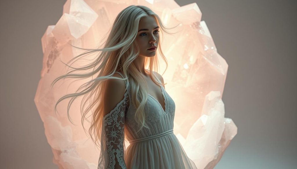 Stunning rose quartz crystal, its soft pink hues gently illuminated by delicate studio lighting. A young woman with flowing white hair, clad in a long, lacy ivory dress, stands gracefully amid the crystal's ethereal glow. The scene evokes a sense of tranquility and intuitive wisdom, capturing the mystical allure of this sacred gemstone associated with the Cancer zodiac. The camera angles highlight the crystal's captivating facets, while the model's serene expression and the overall atmospheric mood convey the calming, nurturing energy of this birthstone.